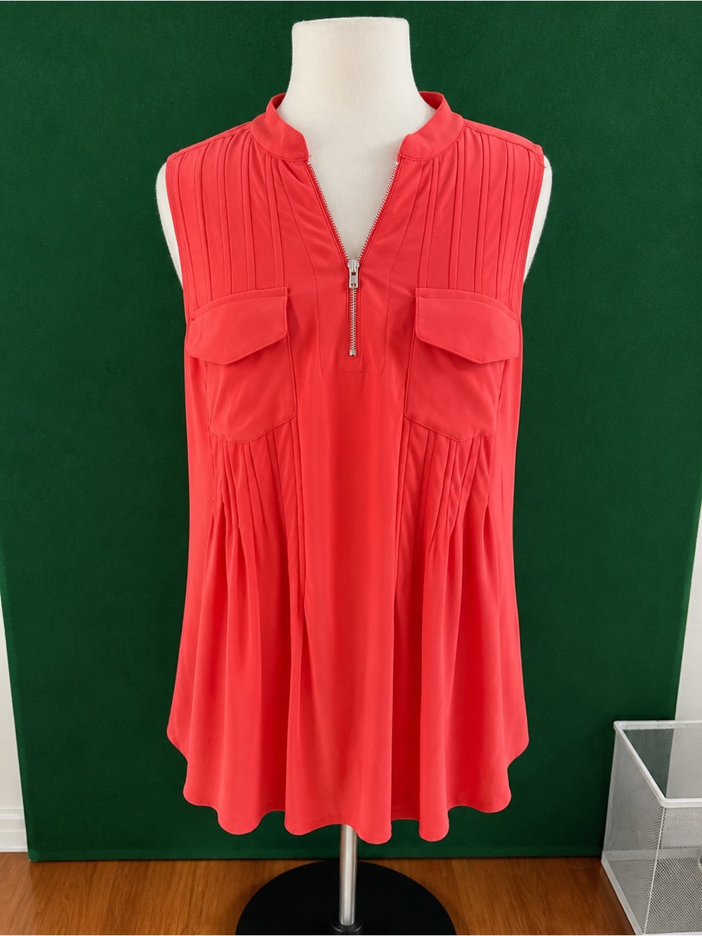 Cocomo Sleeveless Zip-Front Coral Red Pleated Camisole